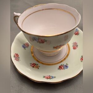 Colclough Bone China Made in England Floral Cup Saucer with Gold Trim Mint Green